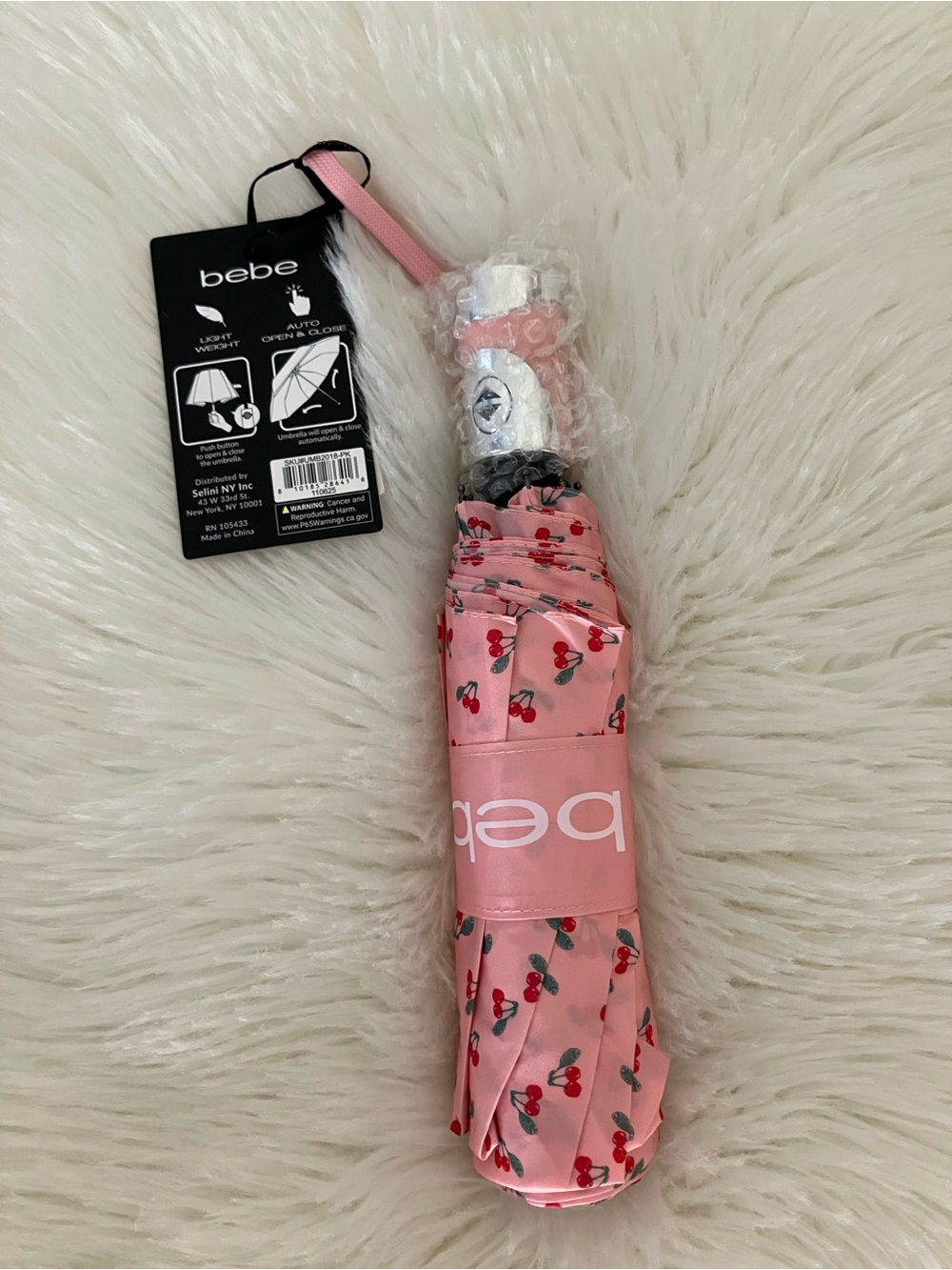 BEBE Pink Cherries Auto-Open and Close Umbrella NEW NWT